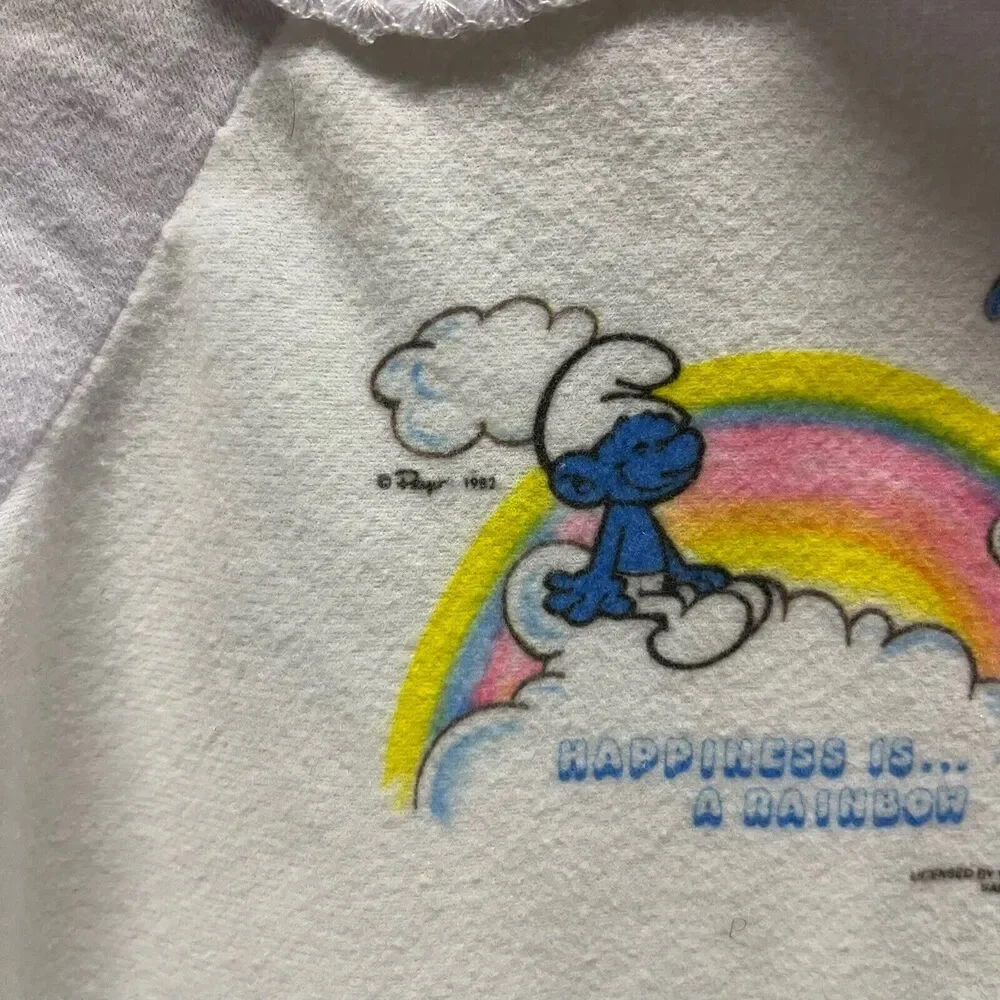 Vintage 80s SMURFS Baby Girl Sleeper 3-6M White/Purple Happiness Is A Rainbow